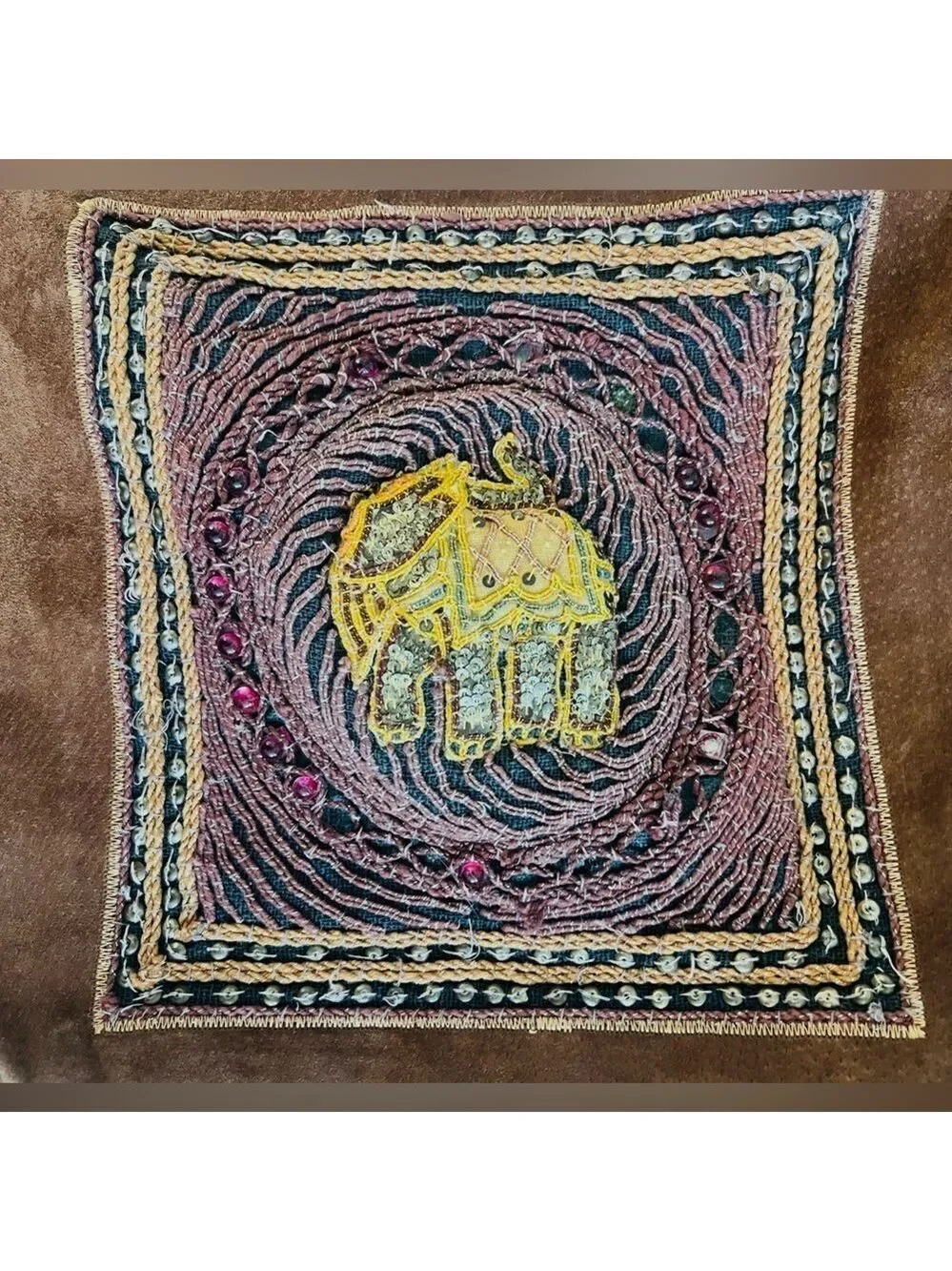 Vintage Rare Italian Beaded Brown Suede Elephant Boho Large Crossbody Hobo Bag